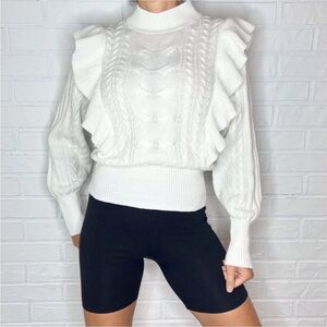 RW & CO. ivory white ruffle cable knit sweater S